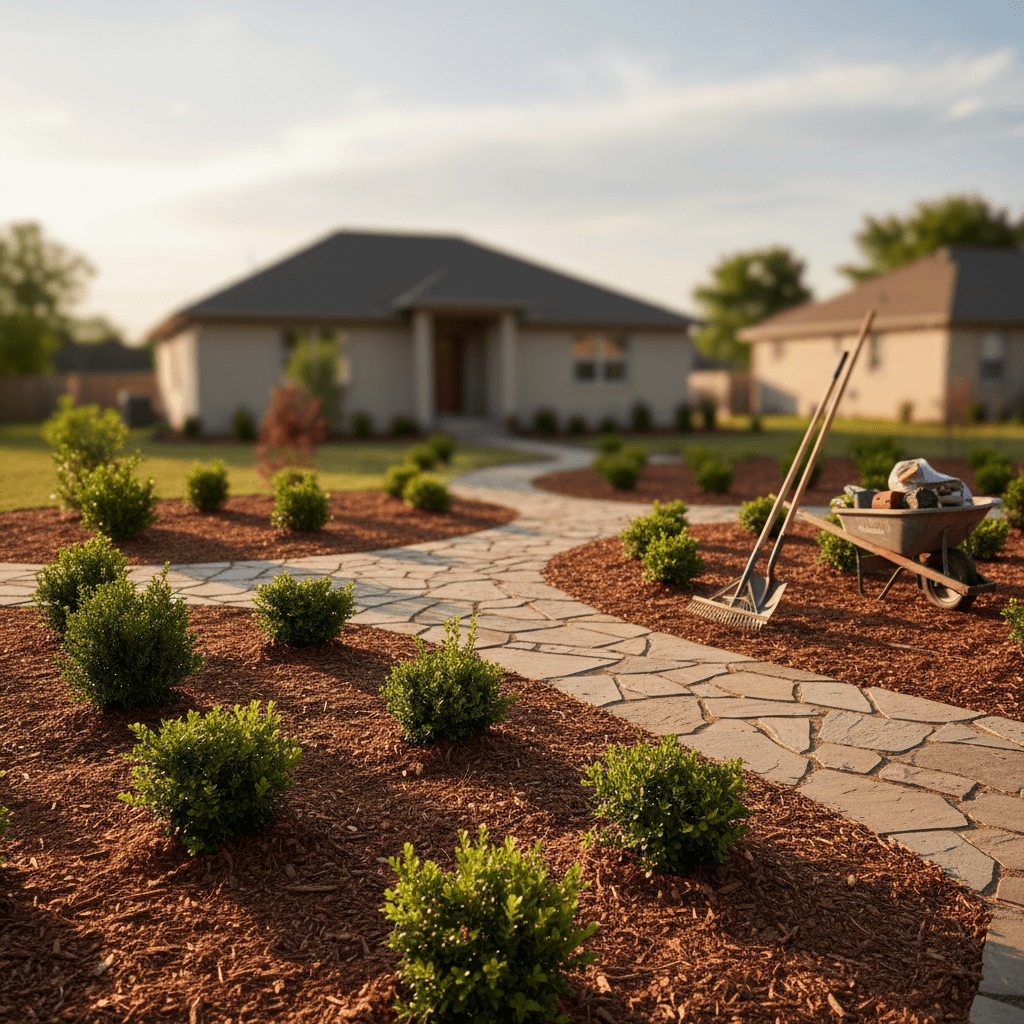 Completed residential landscape with new plants and pathway in Fillmore