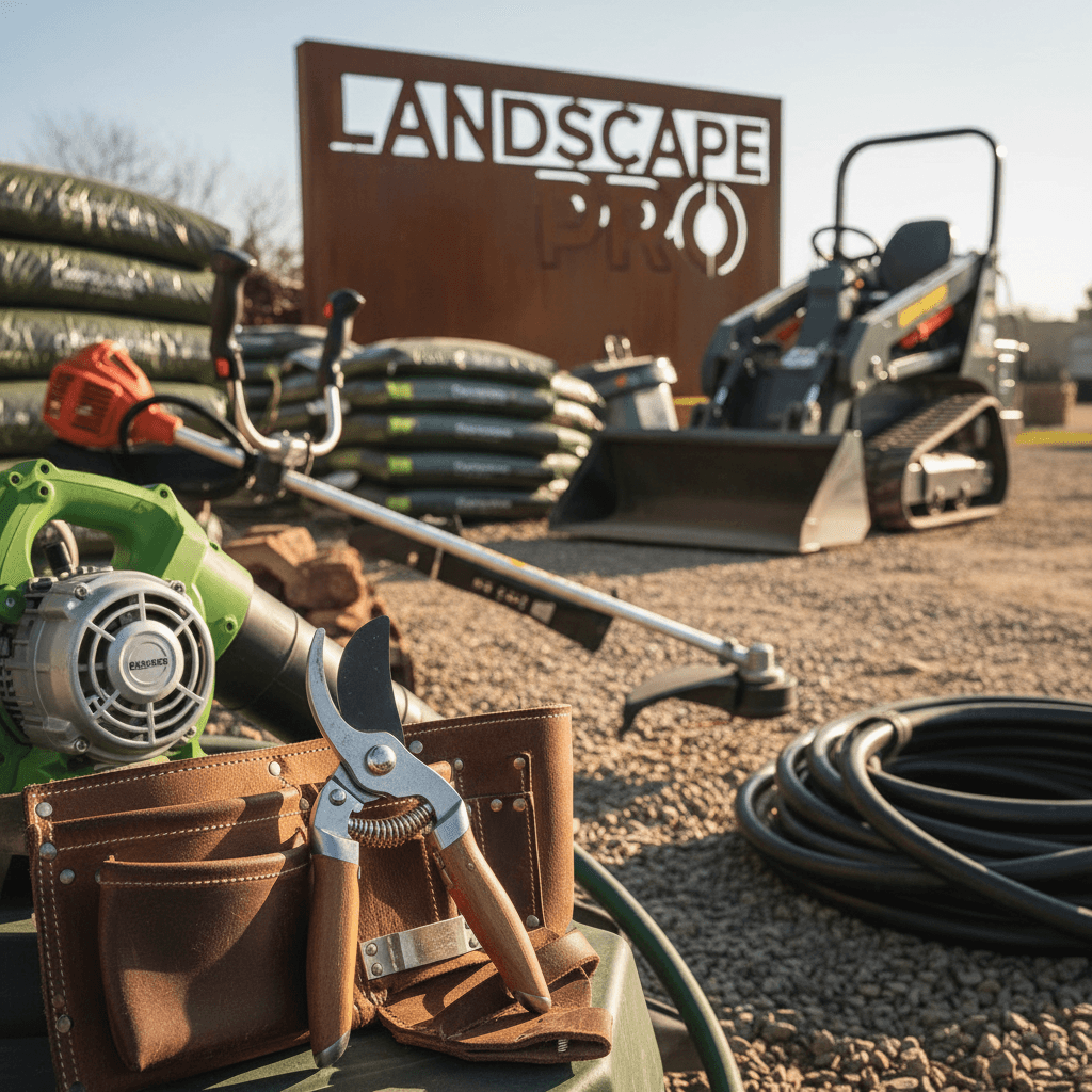 Professional landscaping tools and equipment representing modern practices