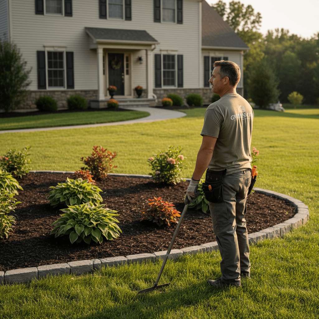 Landscape professional inspecting completed installation quality