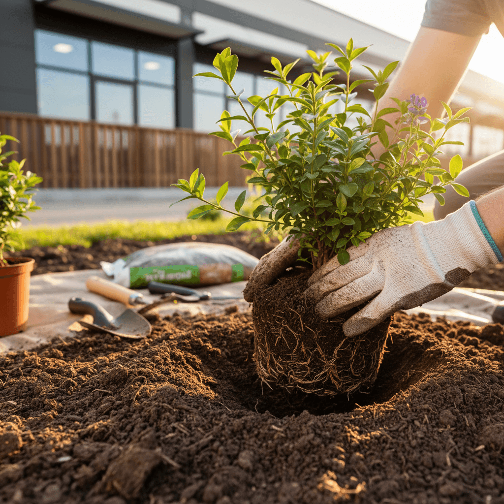 Landscaper installing plants with hands-on detail