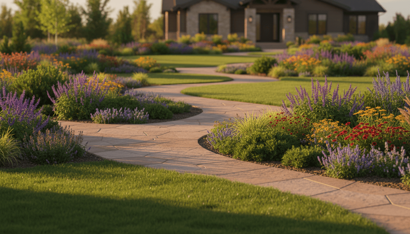 Beautiful residential landscape with stone pathways and garden plantings at golden hour