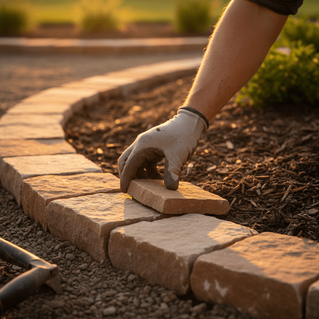 Landscaper installing stone edging with precision