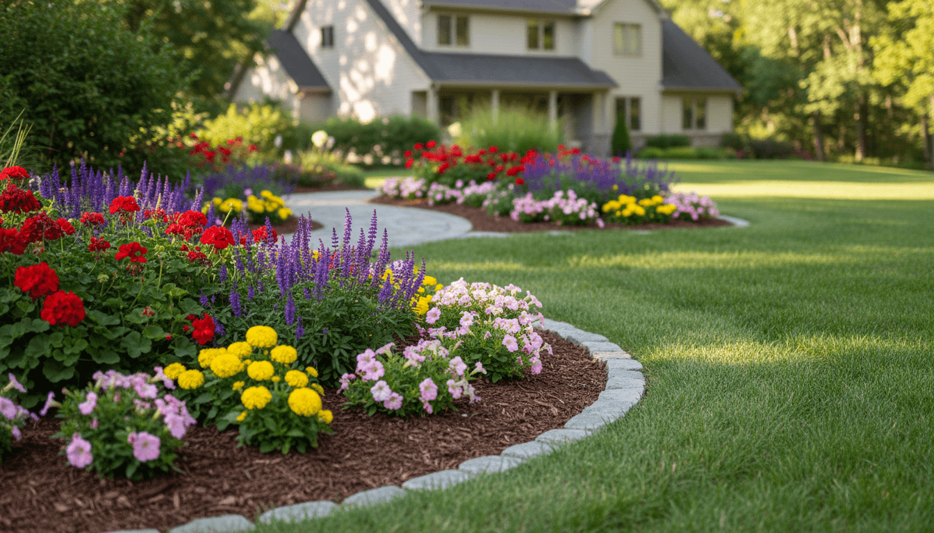 Professionally landscaped residential yard with vibrant plants, clean edges, and well-maintained garden beds in Fillmore
