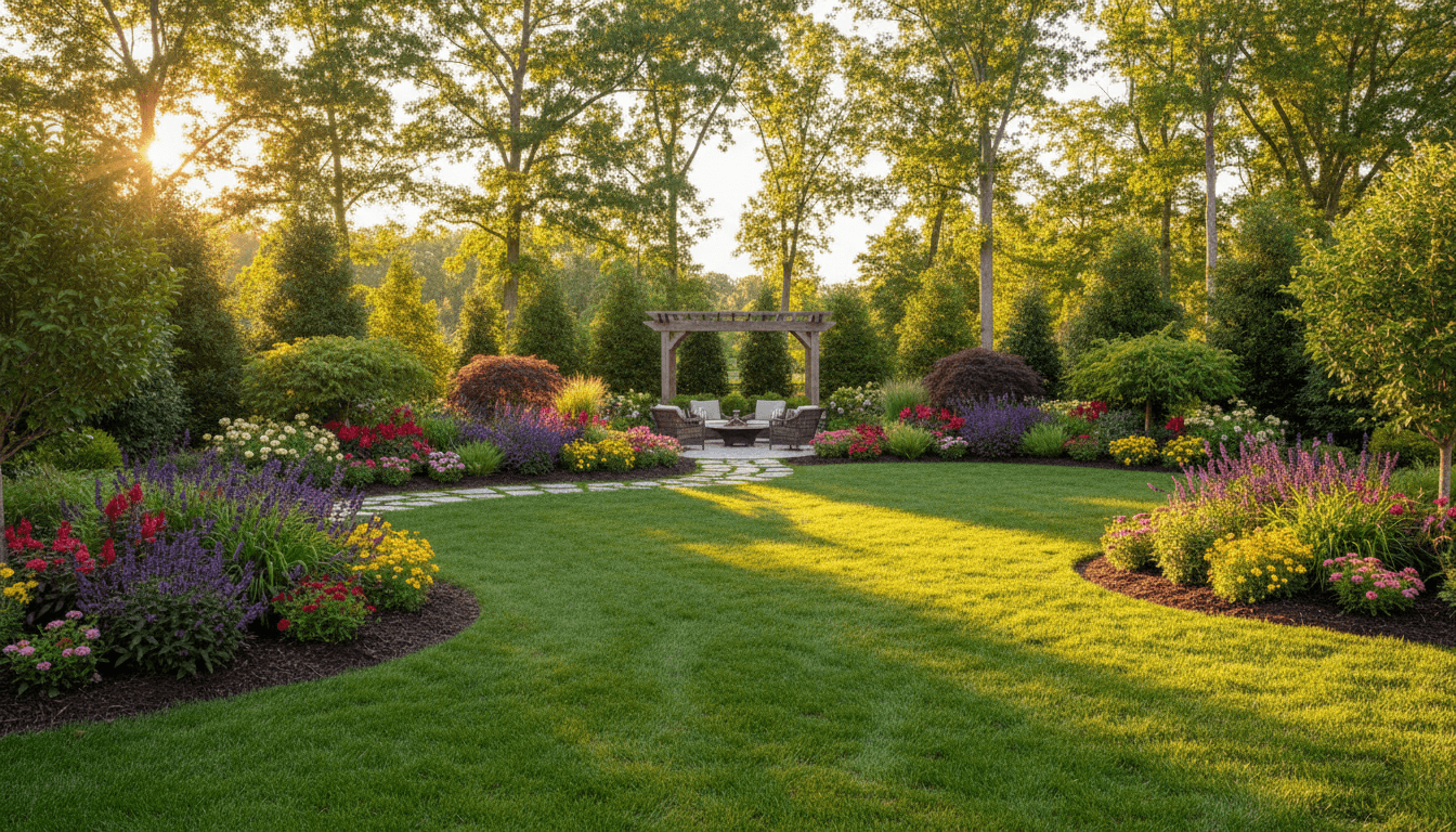 A beautifully landscaped residential backyard with manicured lawn, flower beds, stone pathway, and mature trees